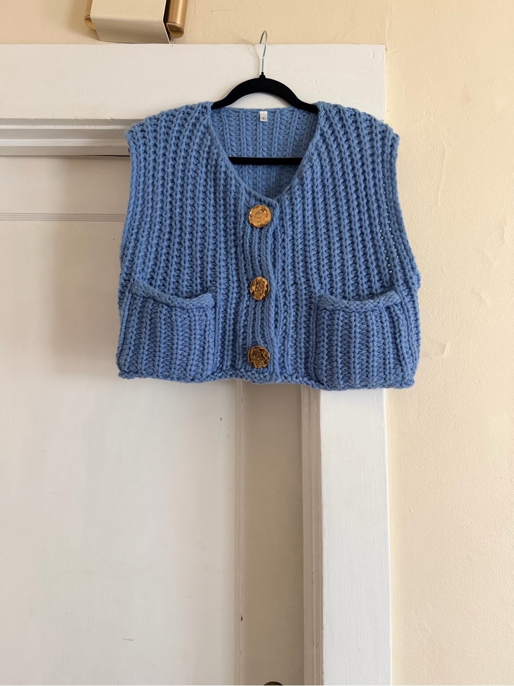 Zara Blue Chunky Knit Gold Button Sweater Vest Size S